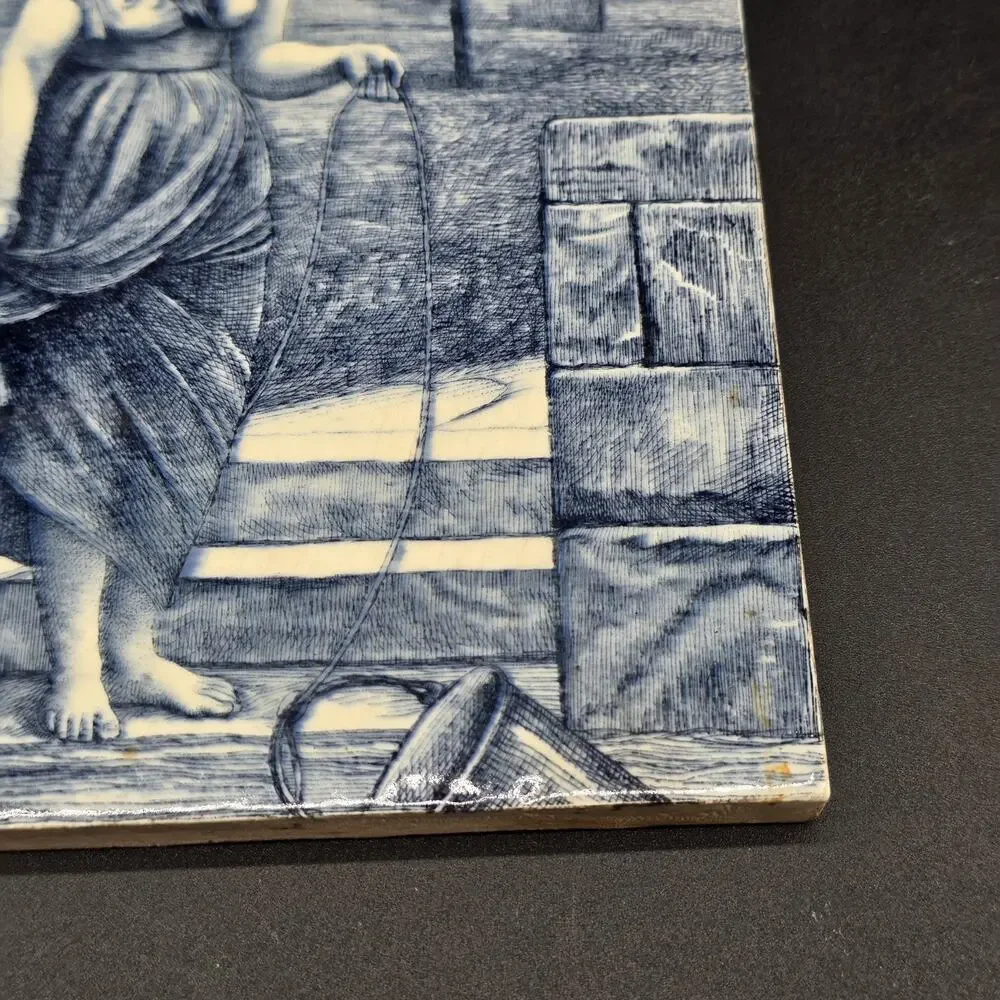 Antique Minton Tile Blue White Transferware Woman at Well Rural Scene